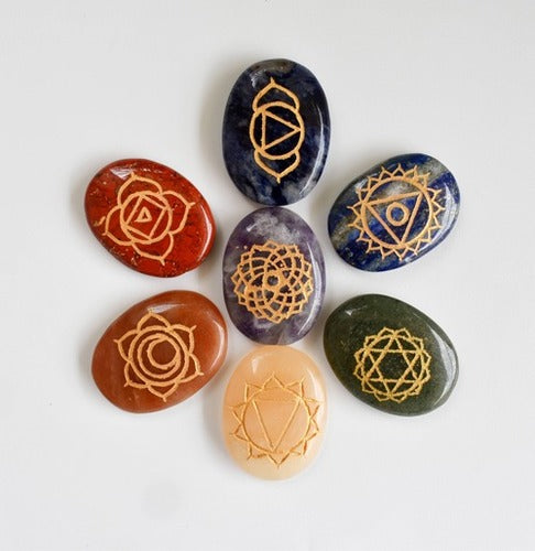 7 Chakra Set  7Chakra Healing Crystal Plam Stone Set, Engraved Gold Chakra Symbols, Polished Worry Stones For Meditation, Reiki, and Anxiety Relief
