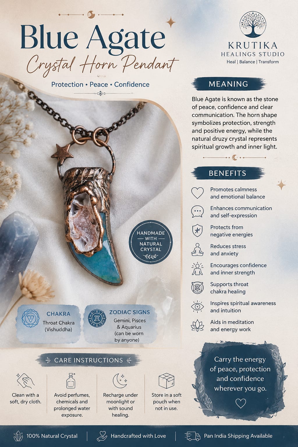 Blue Agate  Crystal Horn Pendant
