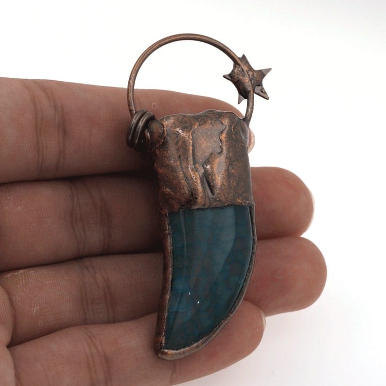 Blue Agate  Crystal Horn Pendant